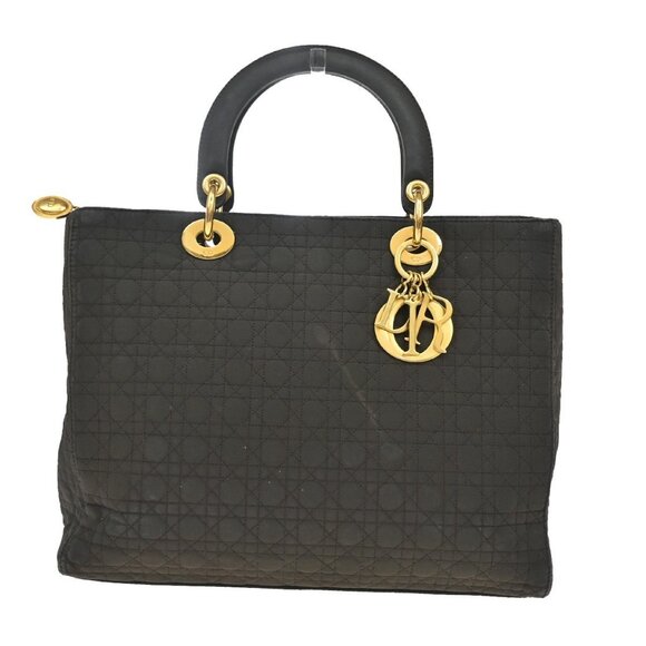 CHRISTIAN DIOR Logo Lady Cannage Hand Bag Nylon Leather Brown GHW Italy - Picture 1 of 16